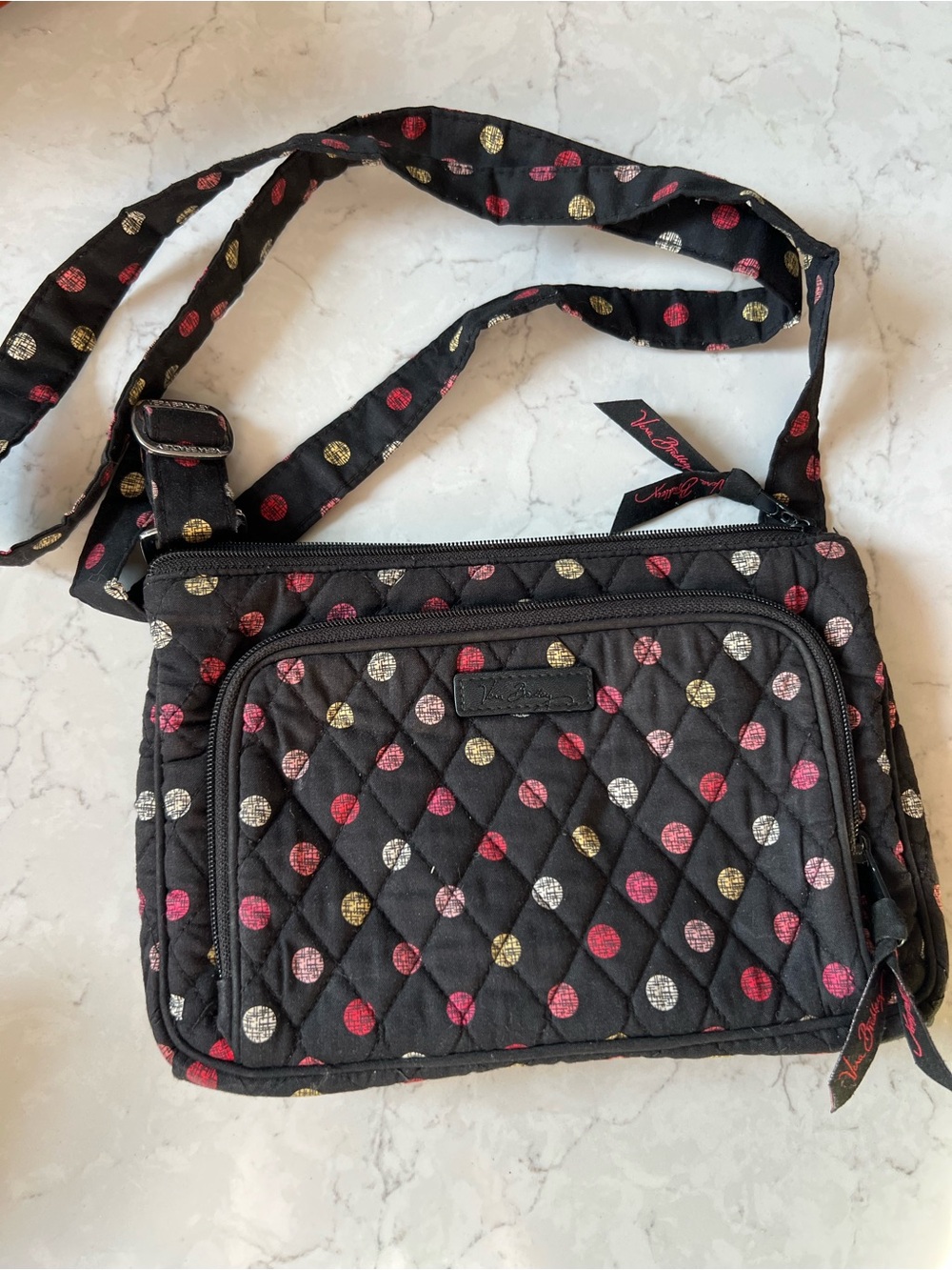 Vera Bradley Black Quilted Crossbody with Pink, Gold & Silver Polka Dots